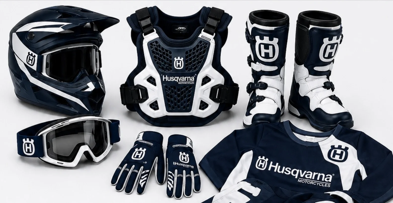 Kompletní výbava Husqvarna — helma, brýle, chránič těla, rukavice, boty a dres