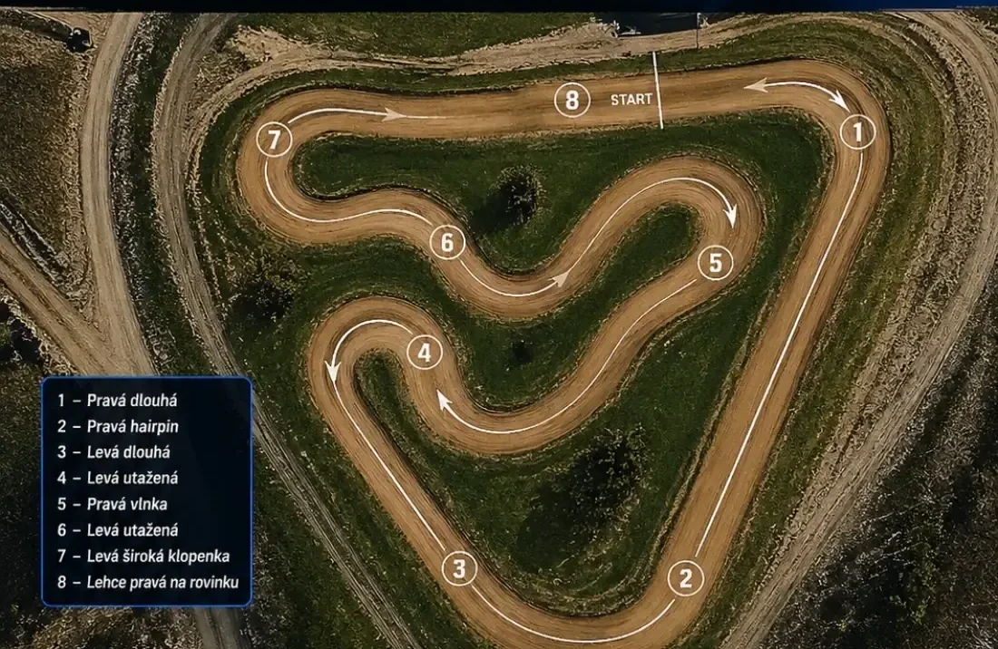 Letecký pohled na trať Pacov s vyznačenými sekcemi 1–8